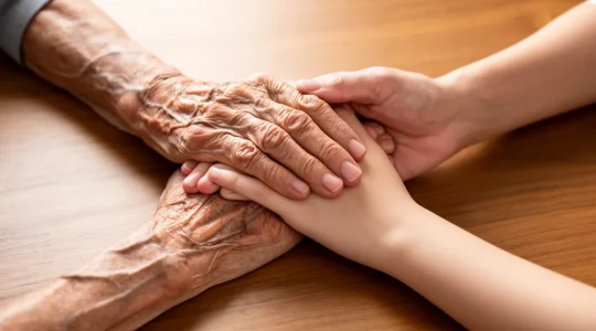 Mains entrelacées de trois générations symbolisant le soutien familial et l'entraide intergénérationnelle