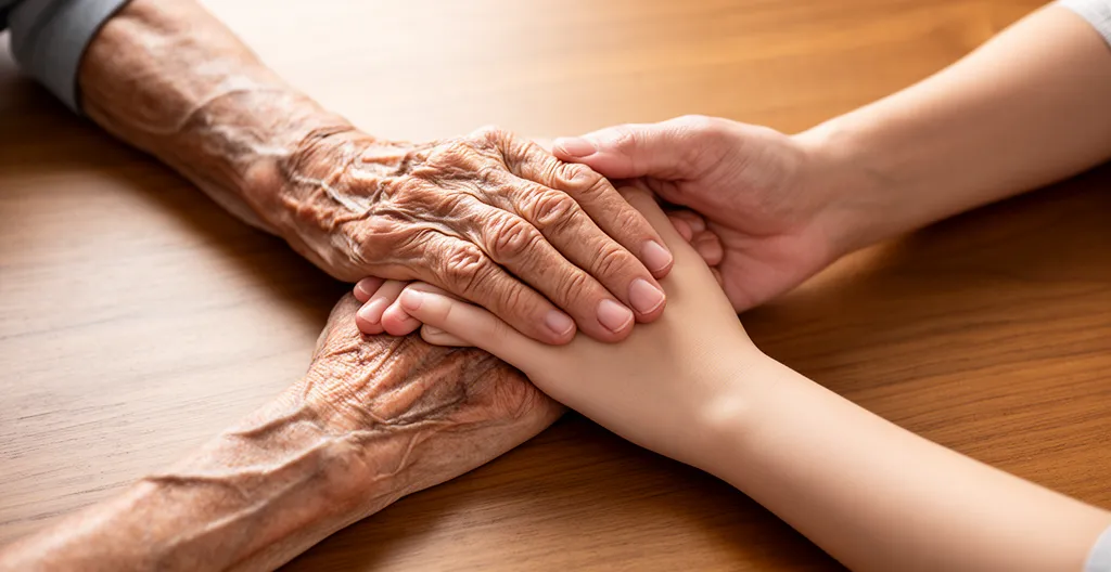 Mains entrelacées de trois générations symbolisant le soutien familial et l'entraide intergénérationnelle