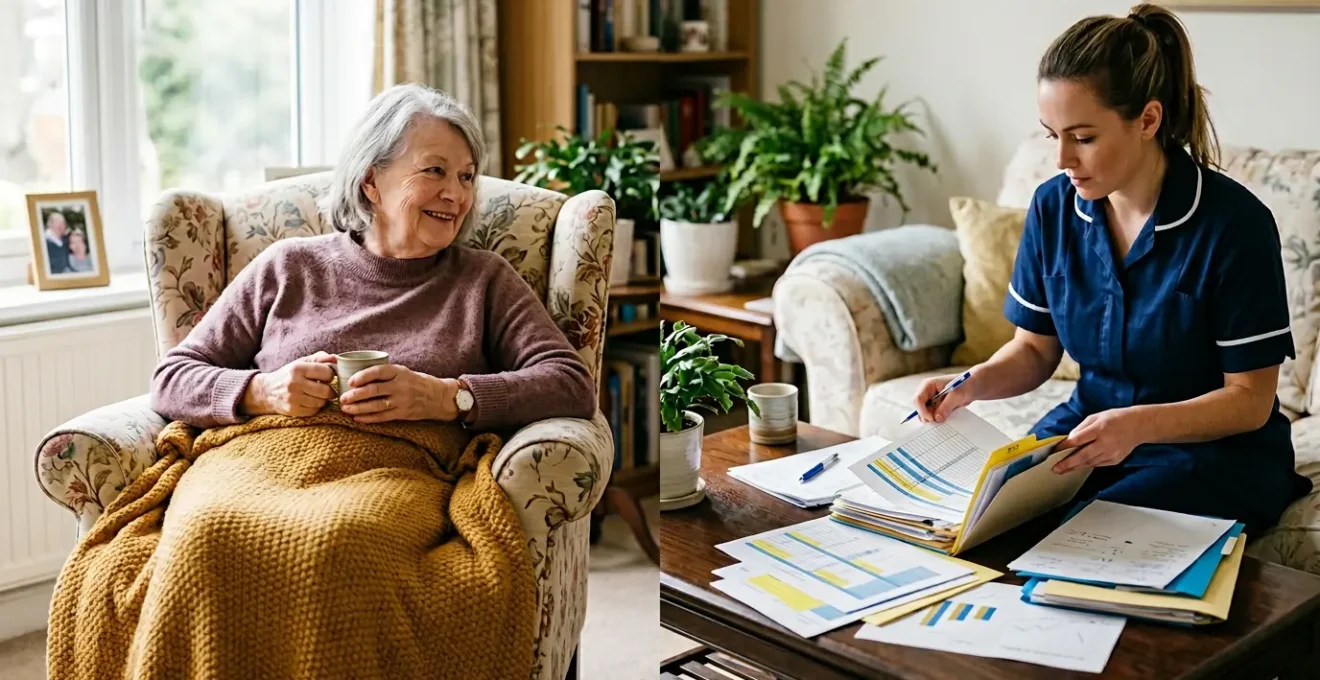 Personne âgée convalescente dans son salon lumineux avec aide-ménagère organisant les documents administratifs