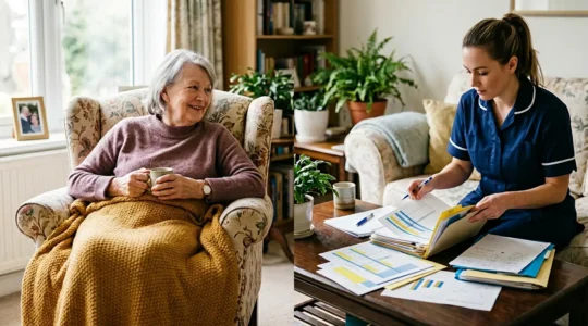 Personne âgée convalescente dans son salon lumineux avec aide-ménagère organisant les documents administratifs