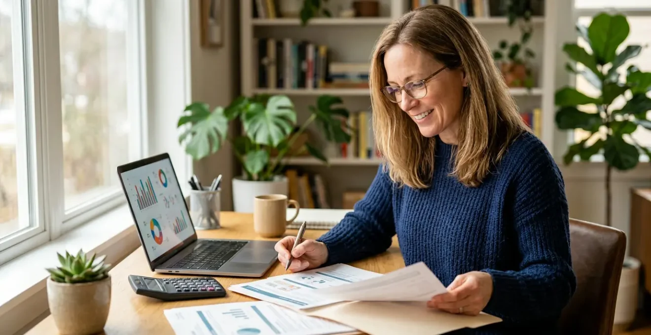 Personne analysant ses documents de mutuelle avec calculatrice sur bureau moderne