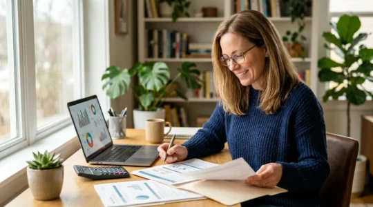 Personne analysant ses documents de mutuelle avec calculatrice sur bureau moderne