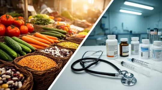 Comparaison visuelle entre une assiette de légumineuses colorées et des médicaments dans un contexte de choix alimentaires sains