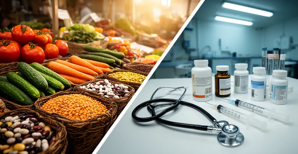 Comparaison visuelle entre une assiette de légumineuses colorées et des médicaments dans un contexte de choix alimentaires sains