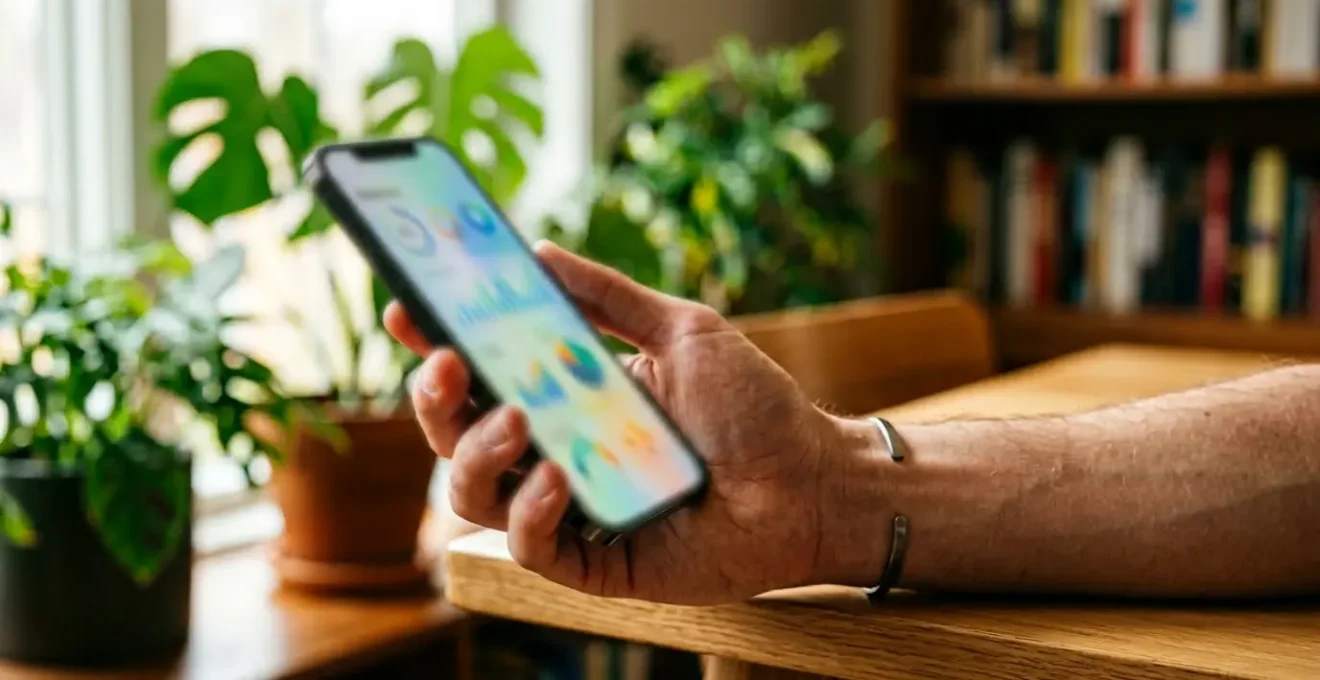 Smartphone moderne tenu dans une main avec écran flou montrant des graphiques colorés de santé, fond zen avec plantes vertes et lumière naturelle douce