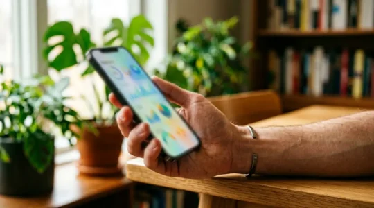 Smartphone moderne tenu dans une main avec écran flou montrant des graphiques colorés de santé, fond zen avec plantes vertes et lumière naturelle douce