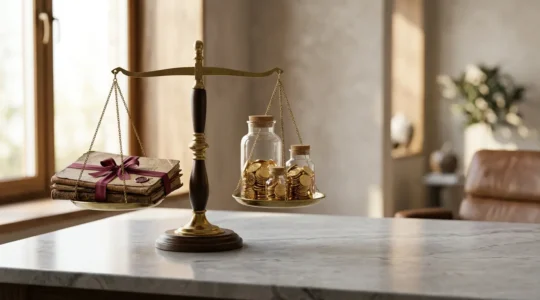 Balance équilibrée entre assurance vie et épargne de précaution avec effet de profondeur