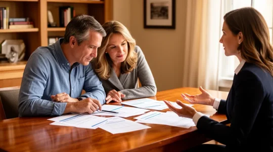 Couple consultant des documents d'assurance avec un conseiller financier dans un environnement chaleureux