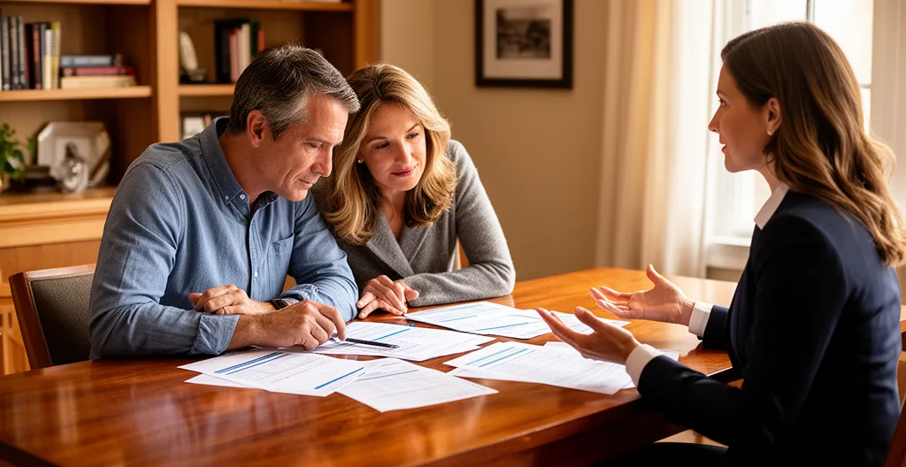 Couple consultant des documents d'assurance avec un conseiller financier dans un environnement chaleureux