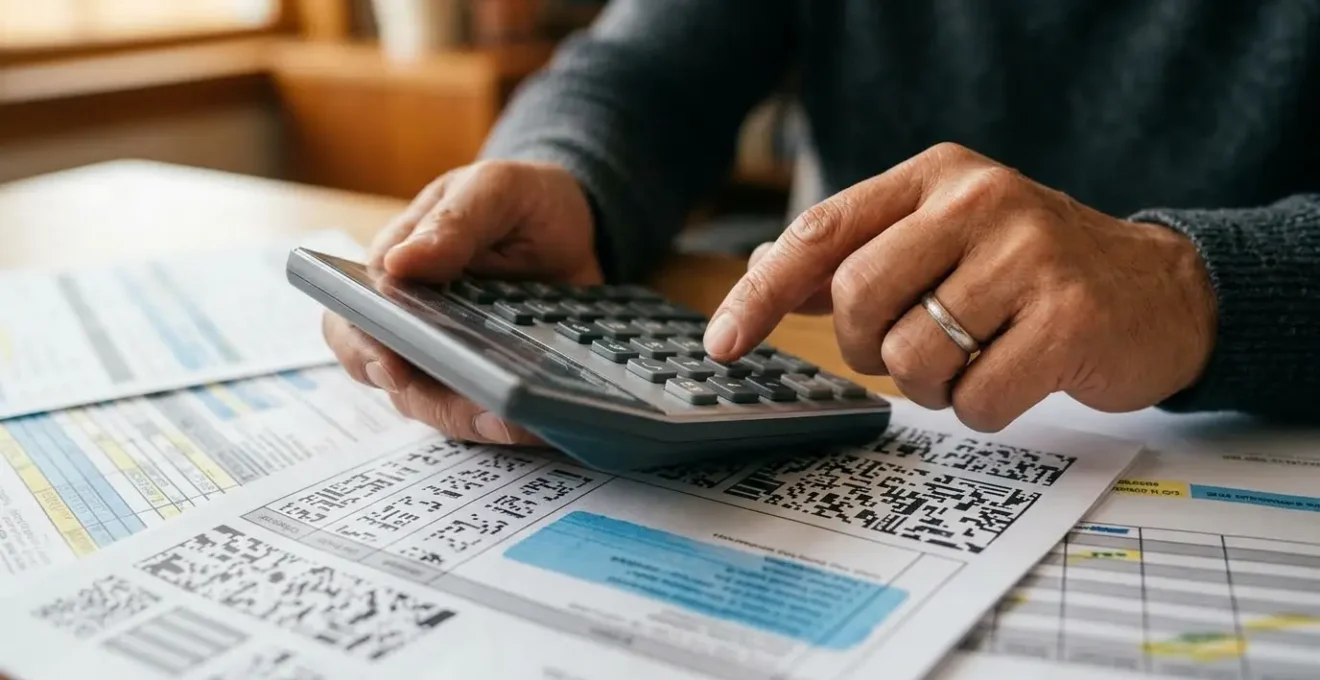 Main analysant des documents de remboursement de santé avec une calculatrice