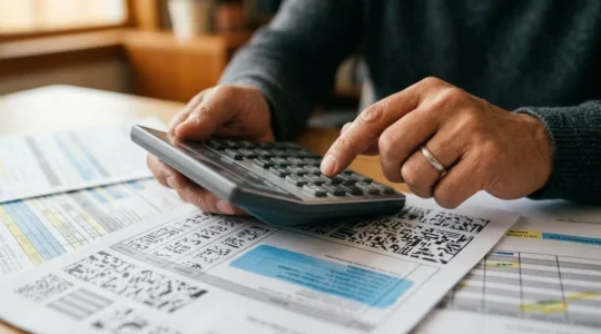 Main analysant des documents de remboursement de santé avec une calculatrice