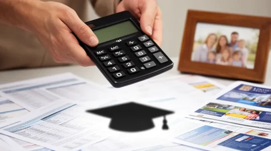 Famille consultant un tableau de calcul des coûts d'études supérieures avec calculatrice et documents financiers