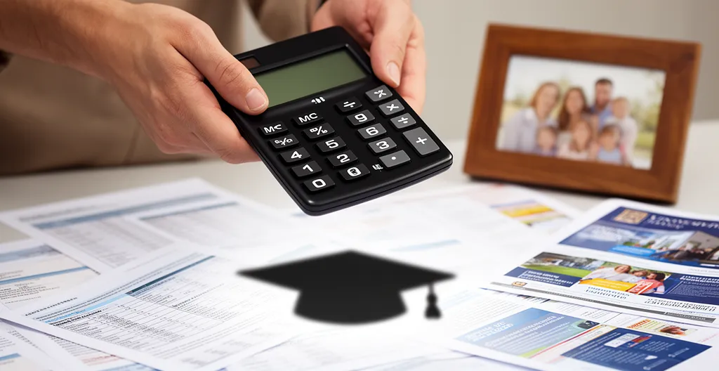 Famille consultant un tableau de calcul des coûts d'études supérieures avec calculatrice et documents financiers