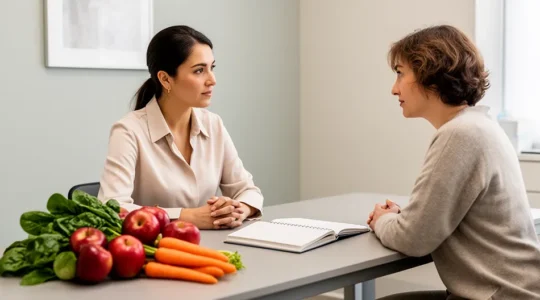 Consultation entre une diététicienne et une patiente dans un cabinet médical moderne et lumineux