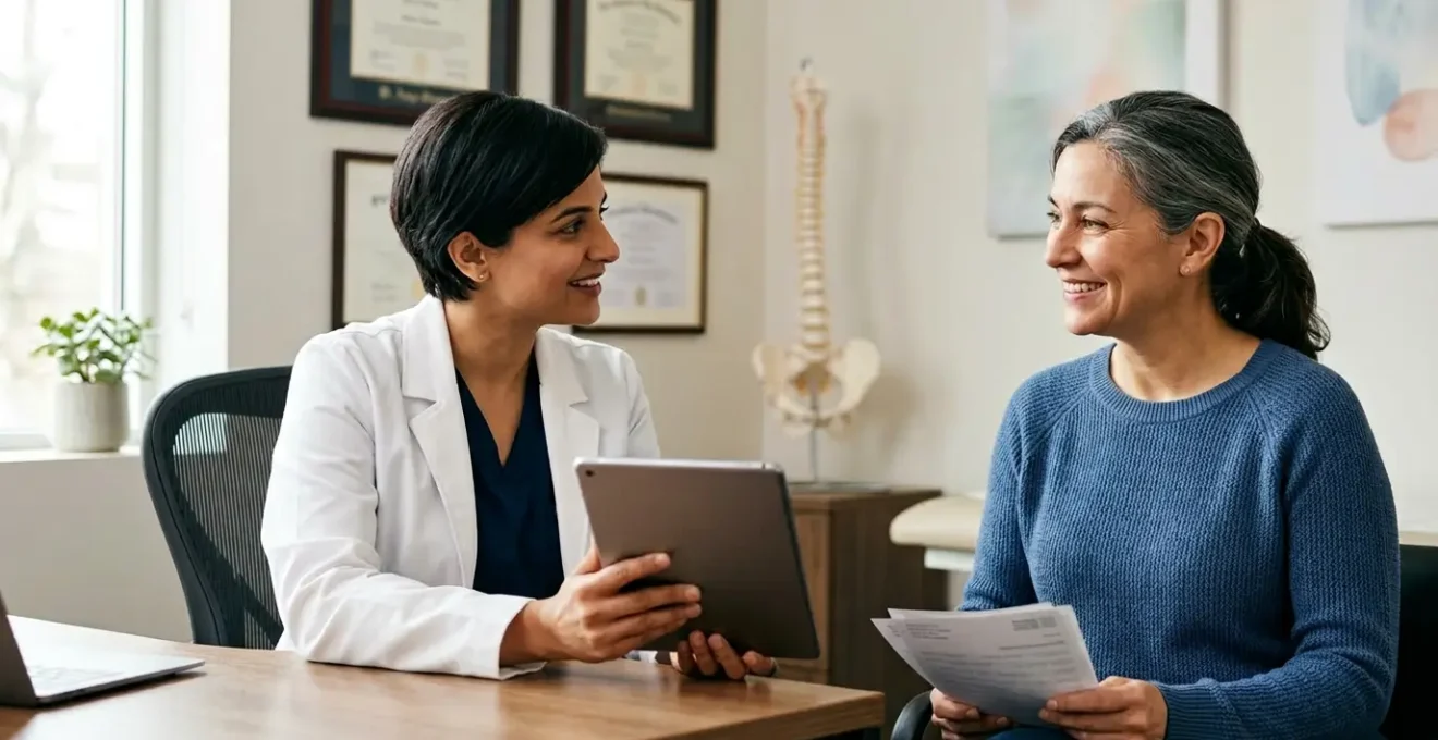 Patient consultant un médecin spécialiste avec documents médicaux et calculatrice