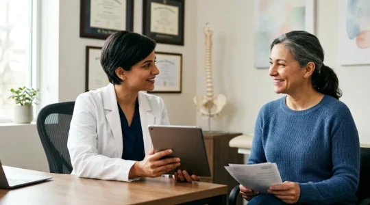 Patient consultant un médecin spécialiste avec documents médicaux et calculatrice