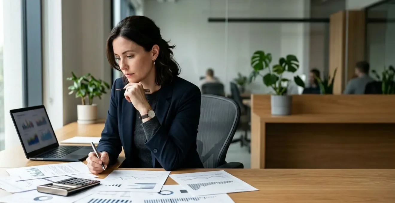 Un entrepreneur indépendant dans son bureau moderne analysant des documents fiscaux avec une calculatrice et un ordinateur portable