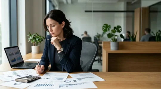 Un entrepreneur indépendant dans son bureau moderne analysant des documents fiscaux avec une calculatrice et un ordinateur portable