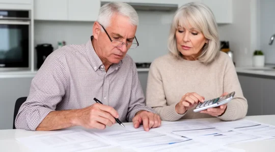 Couple de retraités consultant des documents financiers avec une calculatrice