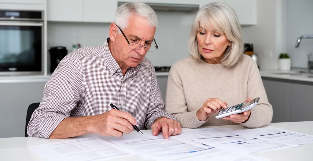 Couple de retraités consultant des documents financiers avec une calculatrice