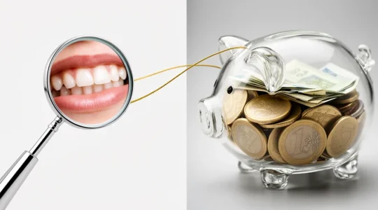 Vue comparative d'une bouche saine et d'une tirelire pleine symbolisant les économies réalisées grâce à la prévention dentaire