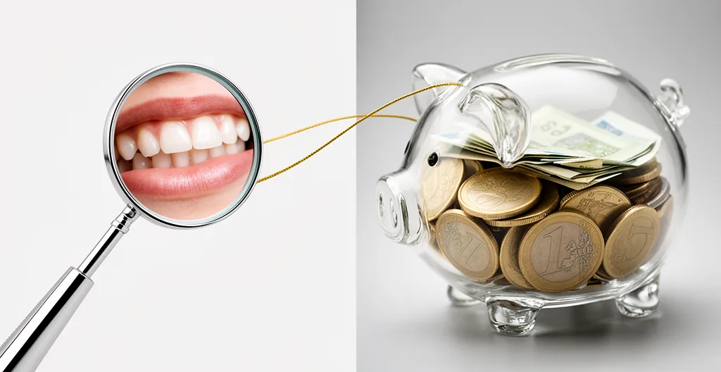Vue comparative d'une bouche saine et d'une tirelire pleine symbolisant les économies réalisées grâce à la prévention dentaire