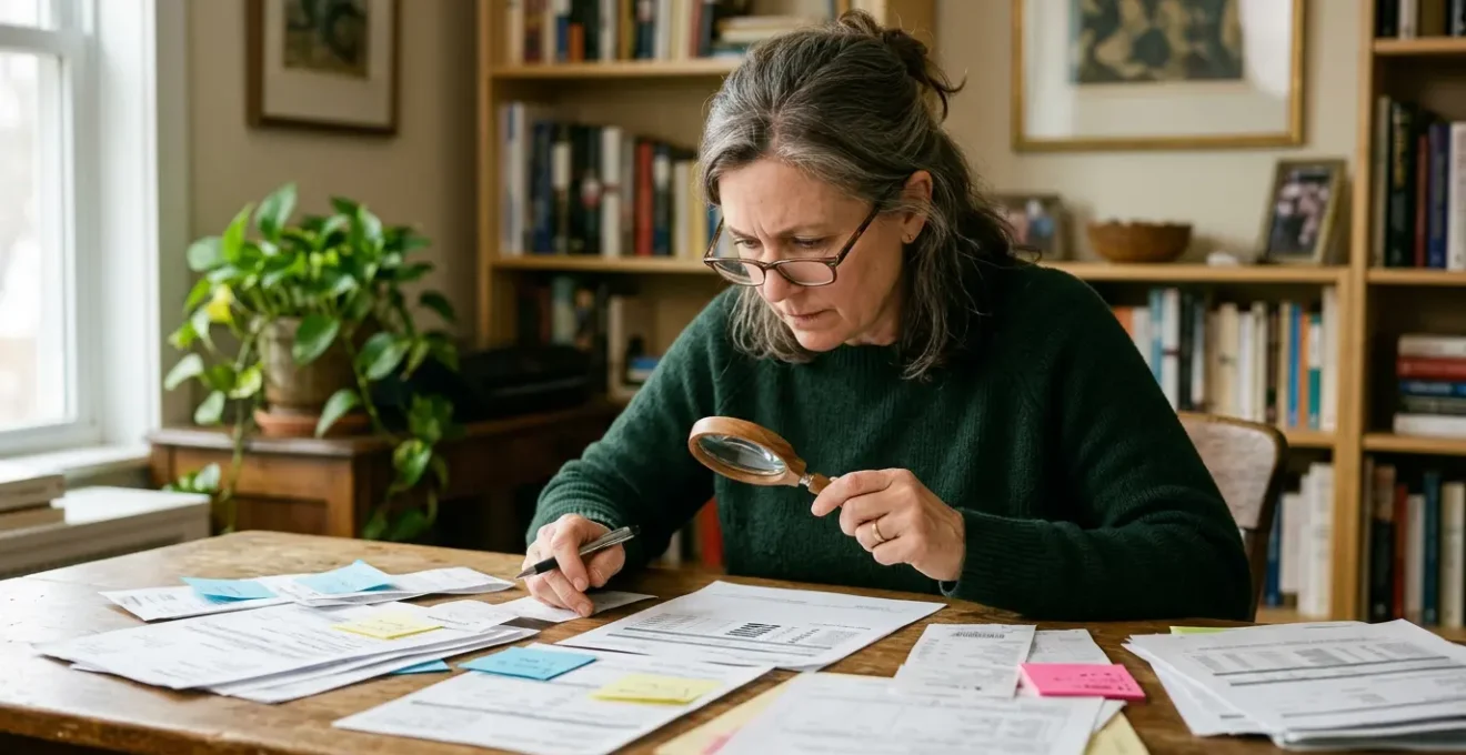 Patient examinant attentivement des documents de remboursement avec une loupe, entouré de feuilles de soins et de courriers administratifs