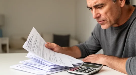 Personne analysant des documents de mutuelle santé avec calculatrice et graphiques sur bureau éclairé