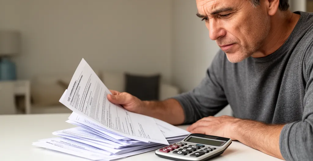 Personne analysant des documents de mutuelle santé avec calculatrice et graphiques sur bureau éclairé