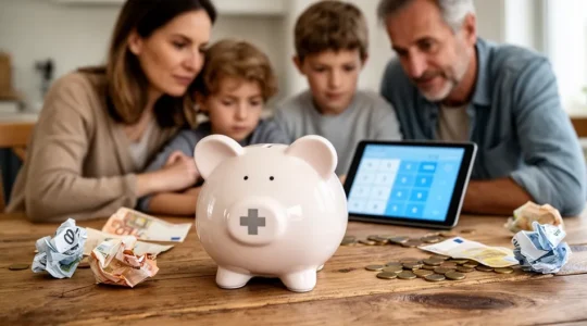 Famille consultant ensemble des documents financiers et médicaux à table avec tirelire en forme de croix médicale