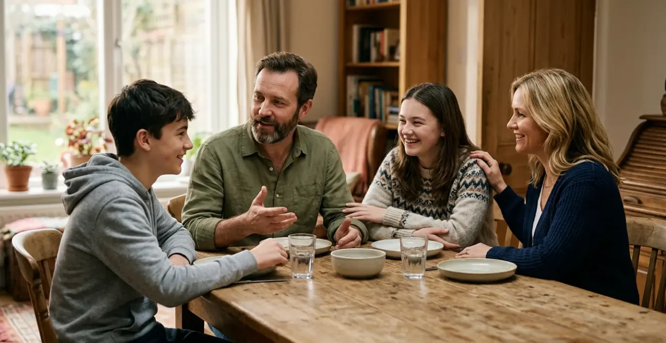 Famille de quatre personnes réunies autour d'une table en train de discuter documents de santé