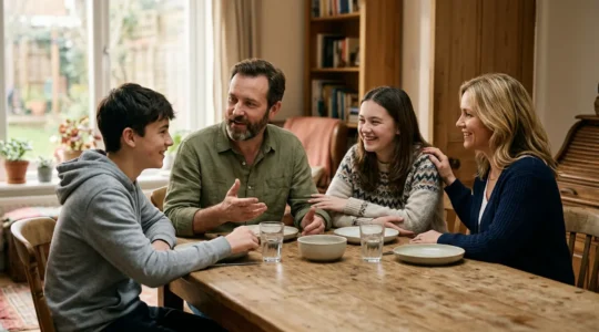 Famille de quatre personnes réunies autour d'une table en train de discuter documents de santé