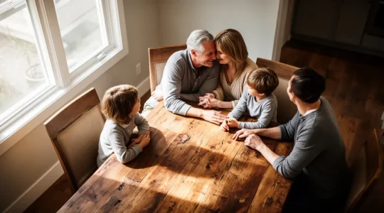 Vue plongeante d'une famille réunie autour d'une table en bois, documents financiers flous au premier plan