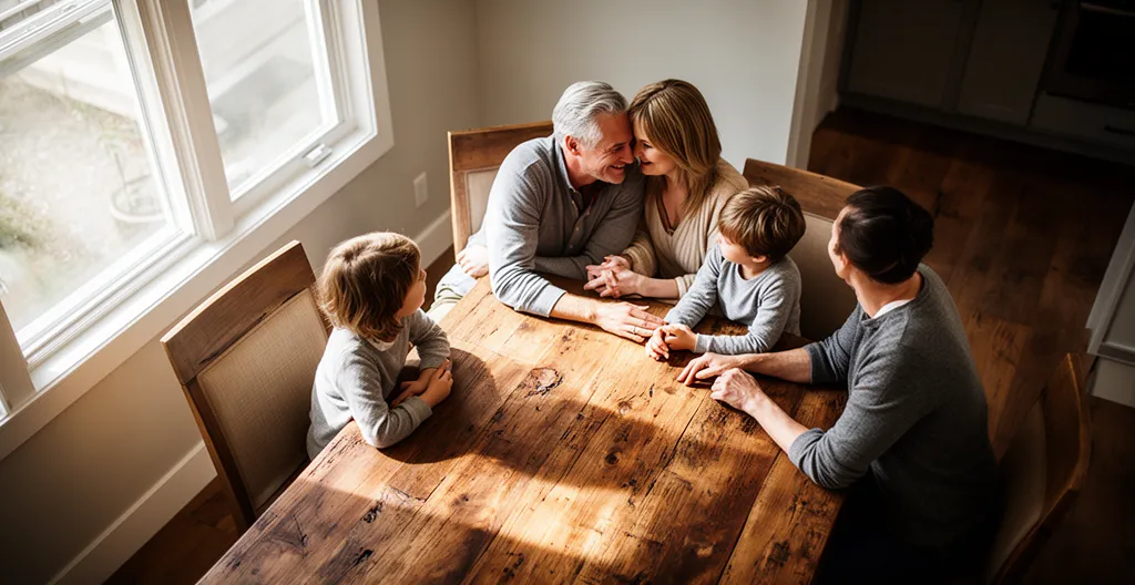 Vue plongeante d'une famille réunie autour d'une table en bois, documents financiers flous au premier plan