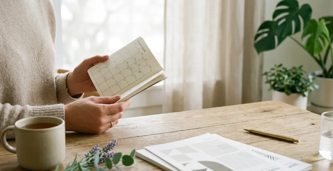 Personne consultant un agenda avec des documents de mutuelle et calendrier de fin d'année sur un bureau minimaliste