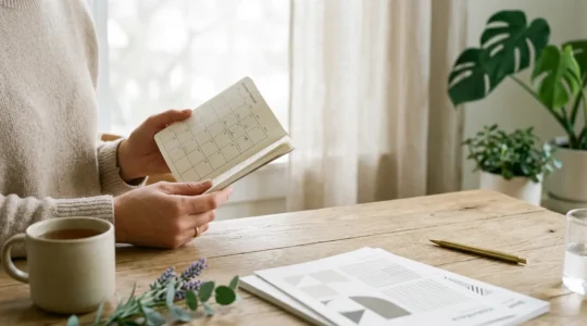 Personne consultant un agenda avec des documents de mutuelle et calendrier de fin d'année sur un bureau minimaliste