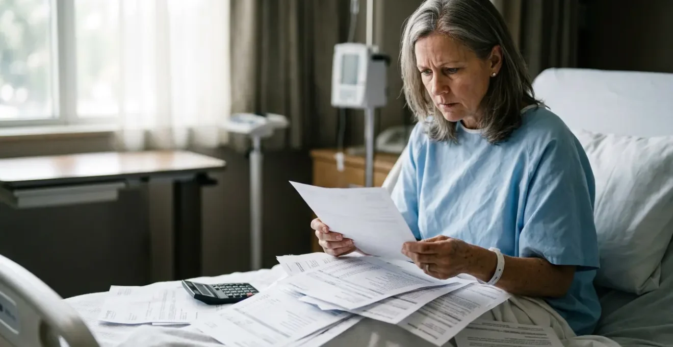 Patient examinant une facture d'hospitalisation avec différents documents administratifs et calculatrice, dans un environnement hospitalier