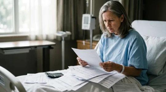 Patient examinant une facture d'hospitalisation avec différents documents administratifs et calculatrice, dans un environnement hospitalier