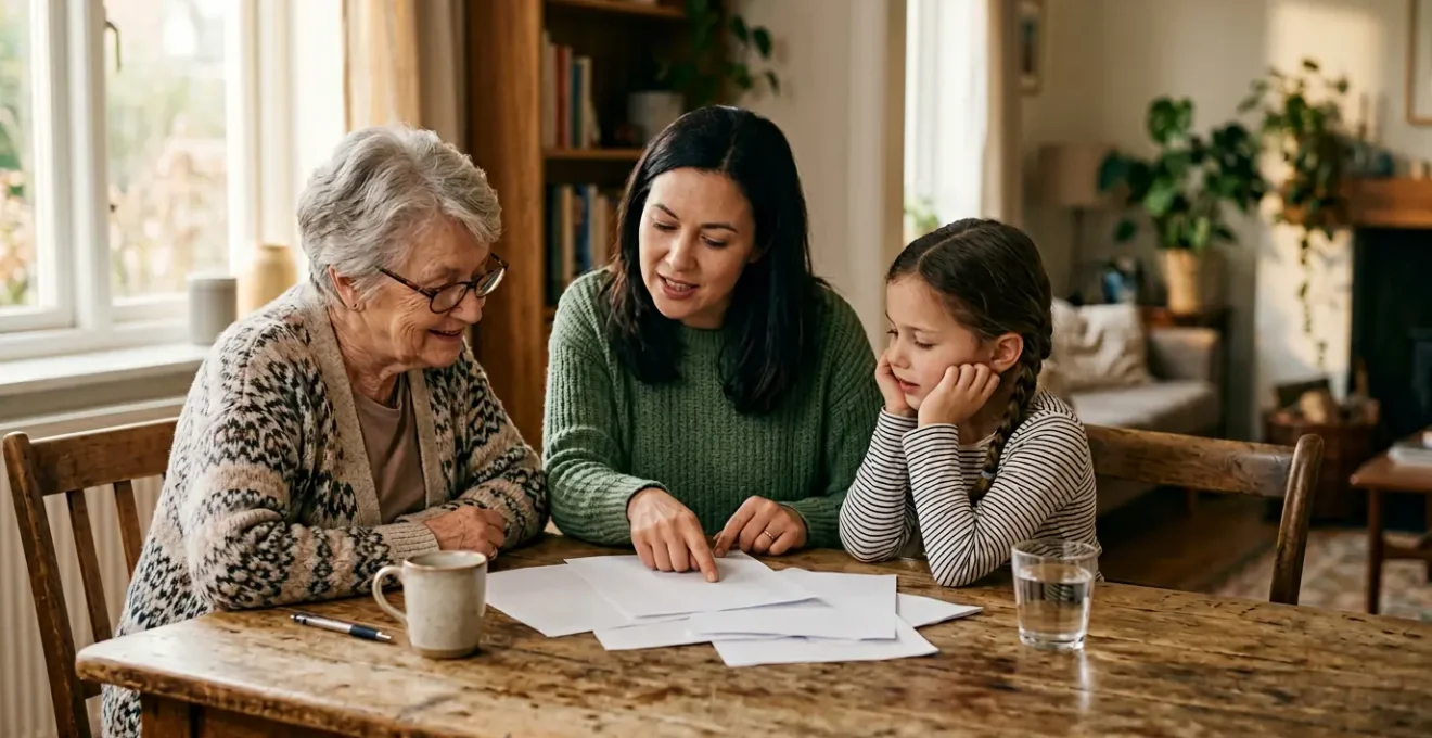 Famille multigénérationnelle examinant des documents importants autour d'une table avec une lumière douce