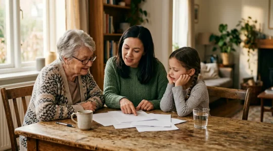 Famille multigénérationnelle examinant des documents importants autour d'une table avec une lumière douce