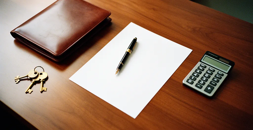 Documents de planification successorale avec calculatrice et stylo plume sur bureau en bois