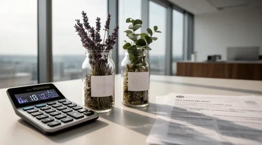 Bureau moderne avec calculatrice élégante, plantes médicinales et documents de mutuelle dans un environnement lumineux