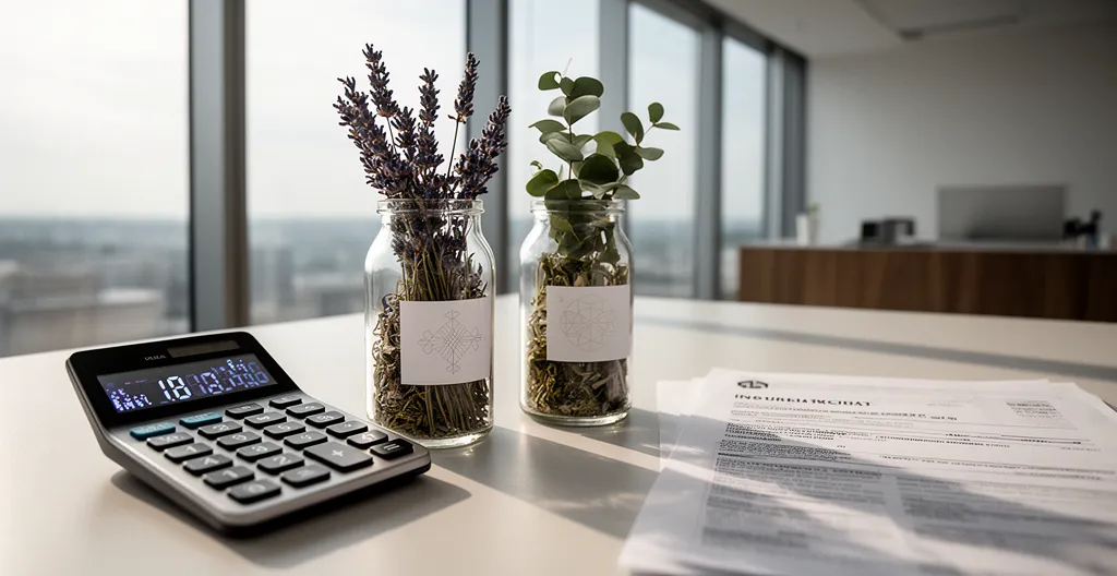 Bureau moderne avec calculatrice élégante, plantes médicinales et documents de mutuelle dans un environnement lumineux