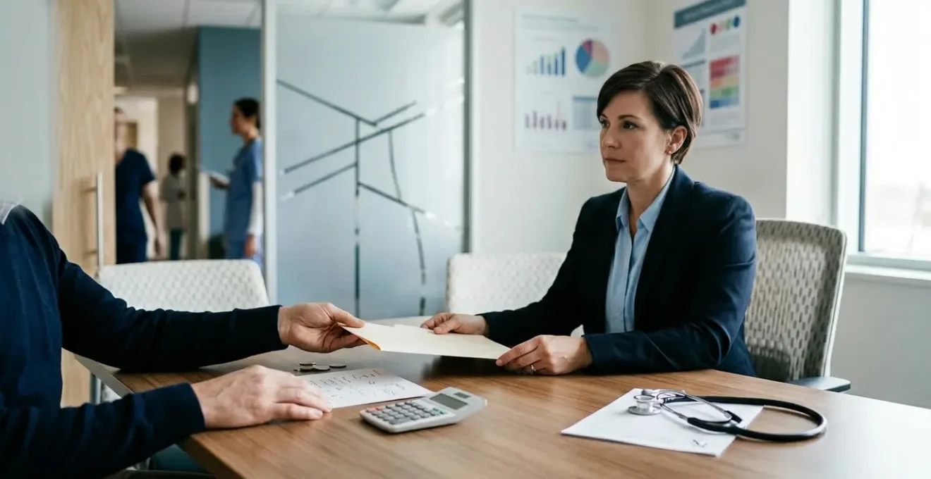 Patient consultant un devis médical avec des documents sur un bureau