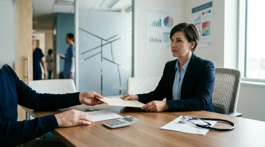 Patient consultant un devis médical avec des documents sur un bureau