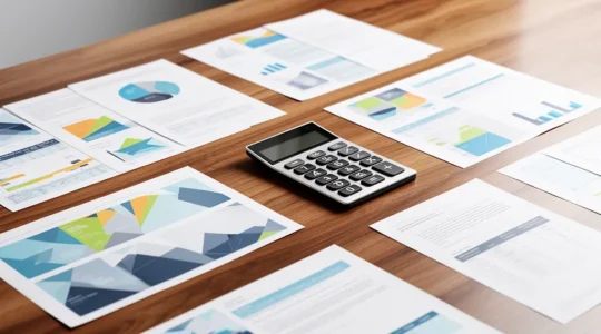 Vue d'ensemble de documents fiscaux et calculatrice sur bureau en bois avec plantes vertes