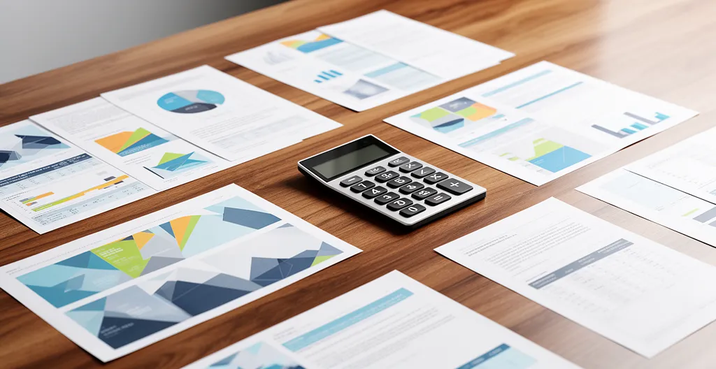 Vue d'ensemble de documents fiscaux et calculatrice sur bureau en bois avec plantes vertes