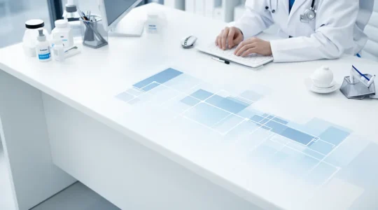 Professionnel de santé consultant un dossier médical numérique dans un cabinet lumineux