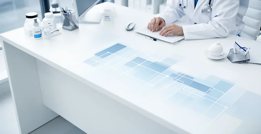 Professionnel de santé consultant un dossier médical numérique dans un cabinet lumineux