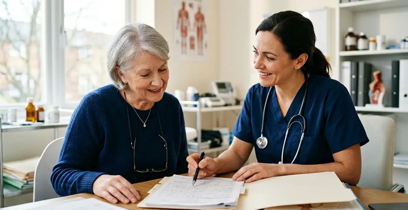 Patient consultant attentivement son protocole de soins ALD avec un médecin dans un cabinet médical lumineux